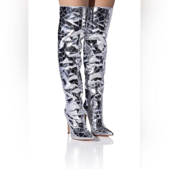 Azalea Wang Shoes - AZALEA WANG "SHATTERED INNOCENCE" Reflective Silver Women's Heeled Boots